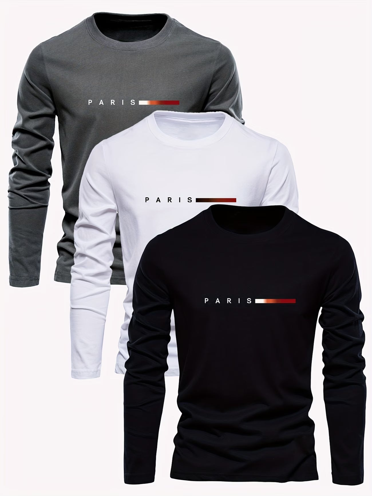 3pcs Men's 100% Pure Cotton T-Shirts, Crew Neck Long Sleeve Tees with Printed Design, Breathable Men's Tops for Casual Outings, Streetwear Trend