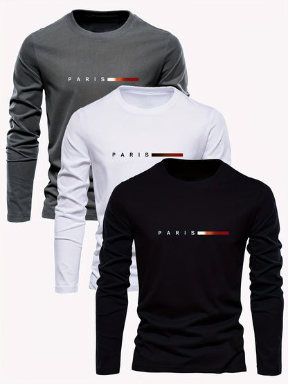 3pcs Men's 100% Pure Cotton T-Shirts, Crew Neck Long Sleeve Tees with Printed Design, Breathable Men's Tops for Casual Outings, Streetwear Trend