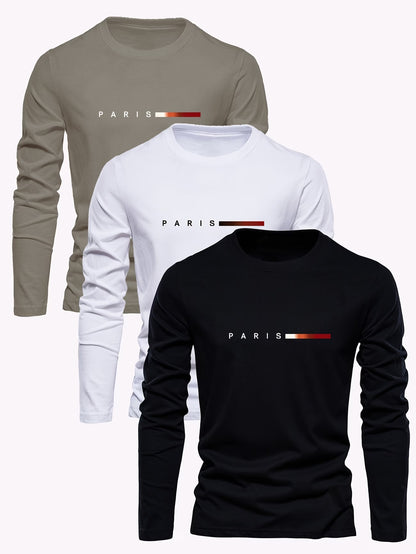 3pcs Men's 100% Pure Cotton T-Shirts, Crew Neck Long Sleeve Tees with Printed Design, Breathable Men's Tops for Casual Outings, Streetwear Trend