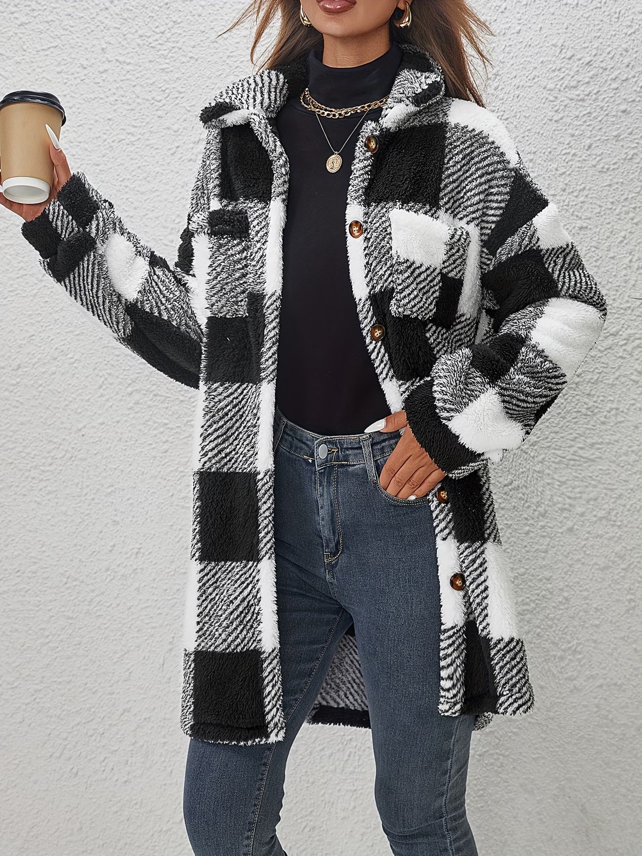 Fashionable Casual Plaid Plush Jacket for Women