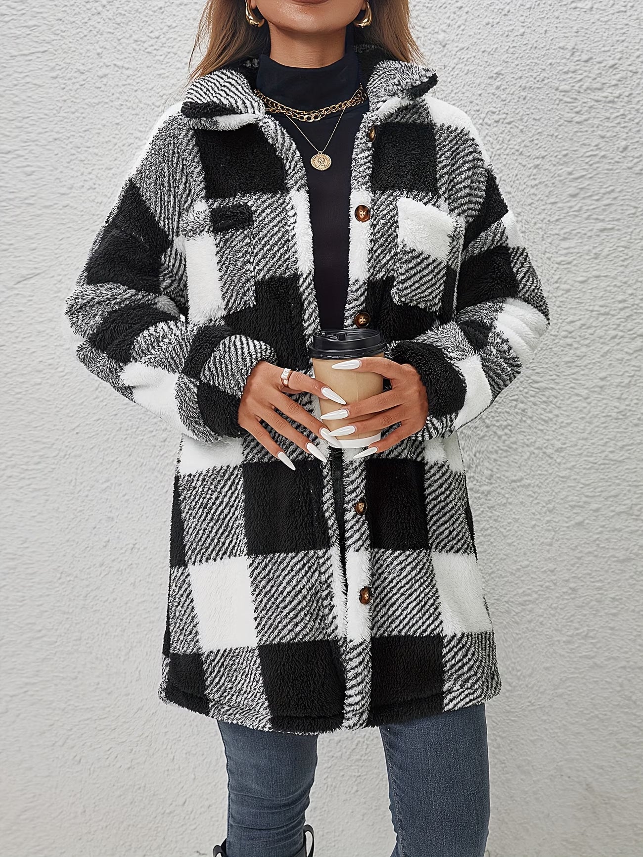 Fashionable Casual Plaid Plush Jacket for Women