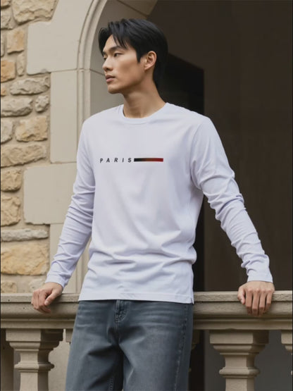3pcs Men's 100% Pure Cotton T-Shirts, Crew Neck Long Sleeve Tees with Printed Design, Breathable Men's Tops for Casual Outings, Streetwear Trend